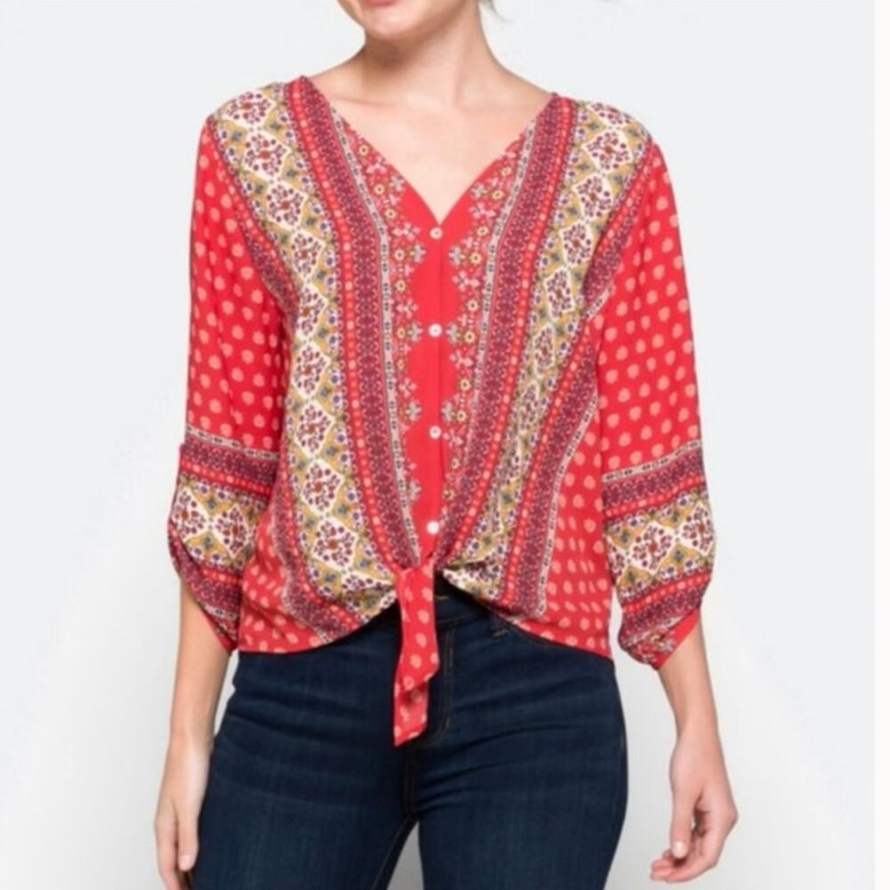 West Kei Boho Peasant Blouse Tie Front Floral Patchwork 3/4 Sleeve Top Women's L